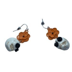 Fun Dangly Orange Flower & Skull Earrings - Day of the Dead